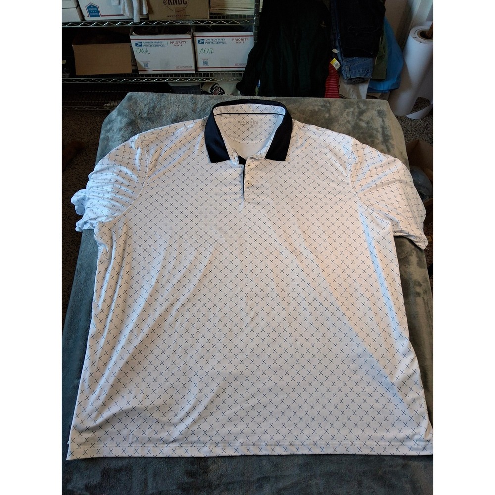 Maelreg ‎ Performance Polo Shirt Mens XXL White Navy Blue Golf Club Print